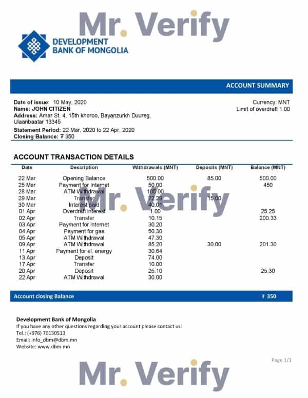 Mongolia Development Bank of Mongolia bank statement template in Word and PDF format