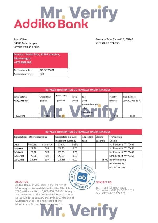 Montenegro Addiko Bank statement easy to fill template in .xls and .pdf file format