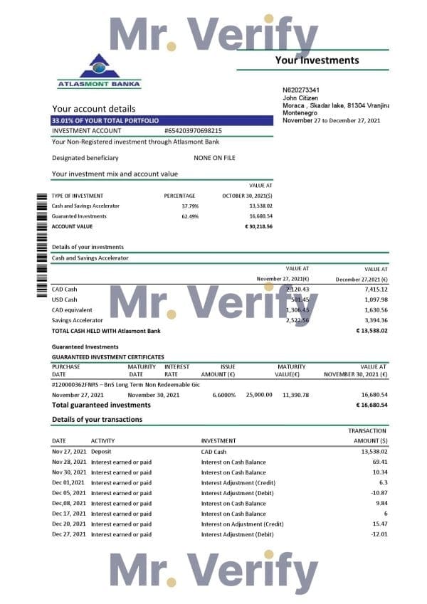 Montenegro Atlasmont Bank statement template, Excel and PDF format (.xls and .pdf)