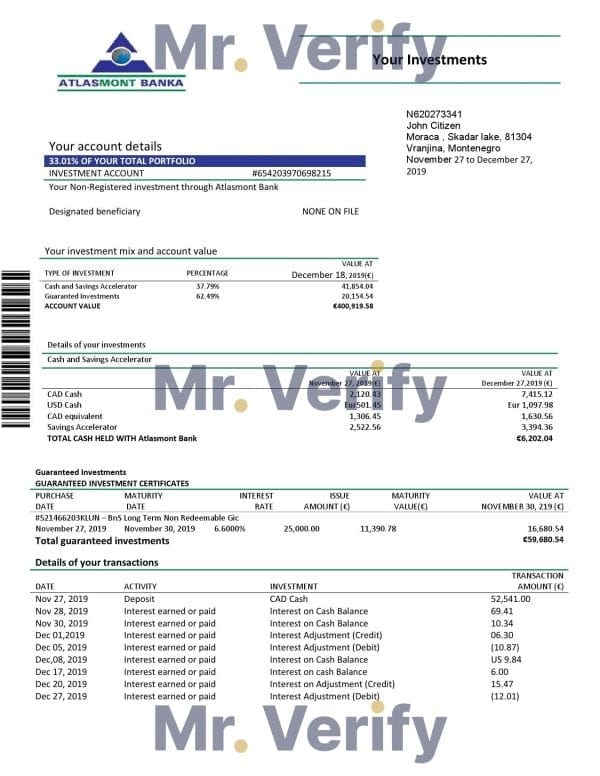 Montenegro Atlasmont Bank statement template, Word and PDF format (.doc and .pdf)
