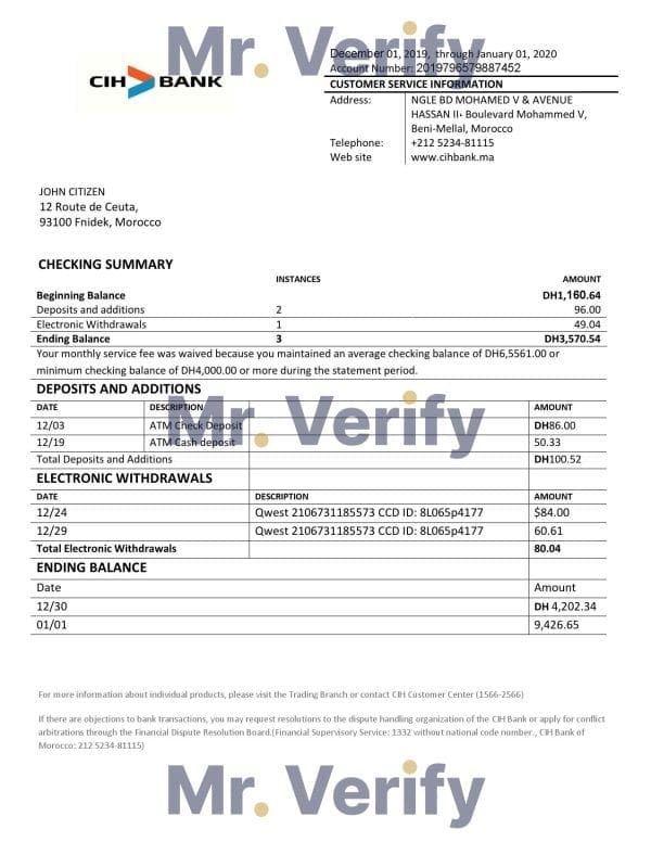Morocco CIH bank proof of address statement template in Word and PDF format