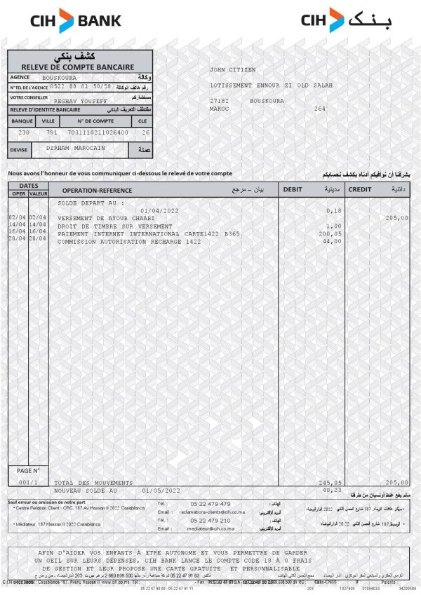Morocco CIH bank statement Word and PDF template
