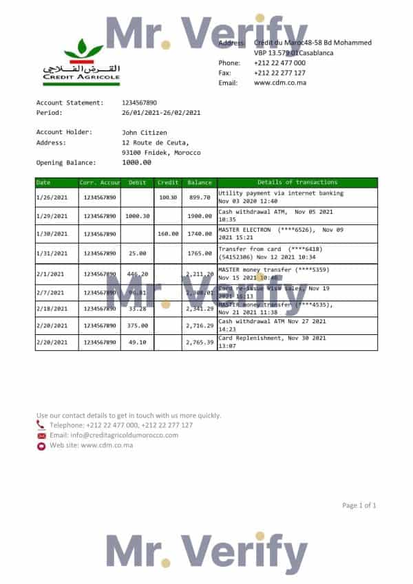 Morocco Credit Agricole Bank statement template in Excel and PDF format