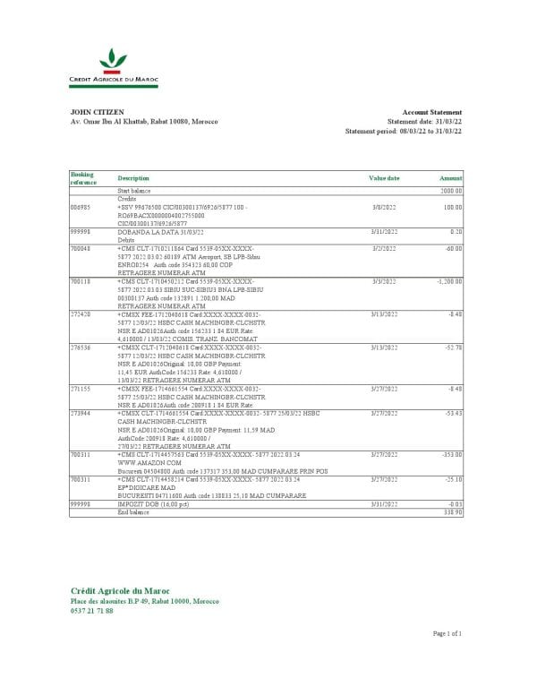 Morocco Credit Agricole bank statement Excel and PDF template