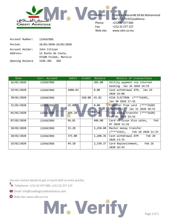 Morocco Credit Agricole bank statement template in Word and PDF format, good for address prove