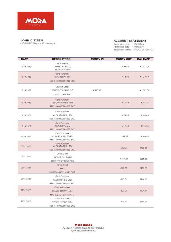 Mozambique Moza bank statement template in Word and PDF format