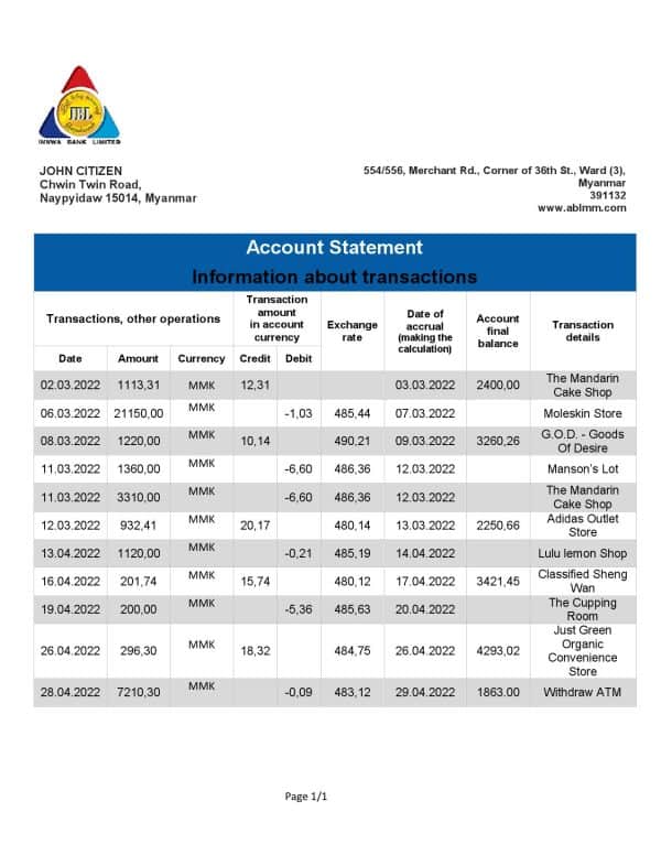 Myanmar Innwa bank statement template in Word and PDF format