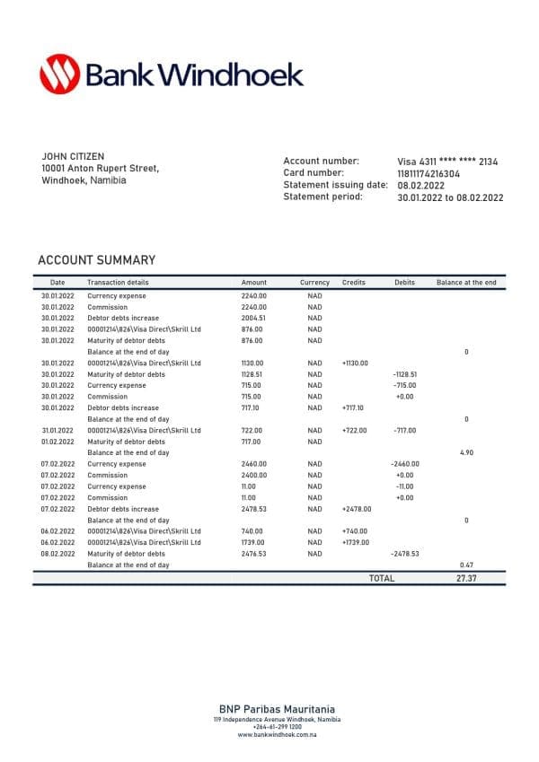 Namibia Bank Windhoek bank statement template in Word and PDF format