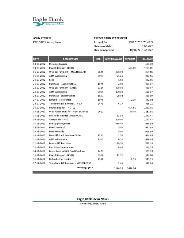 Nauru Eagle bank statement Excel and PDF template