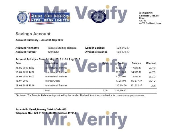 Nepal Bank Nepal statement template in Word and PDF format