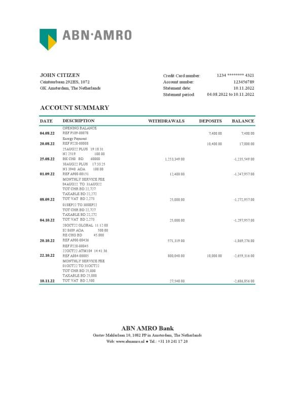 Netherlands ABN AMRO bank statement Excel and PDF template
