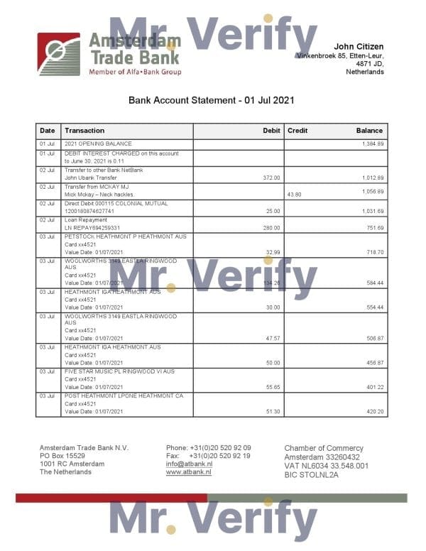 Netherlands Amsterdam Trade Bank statement template in Word and PDF format