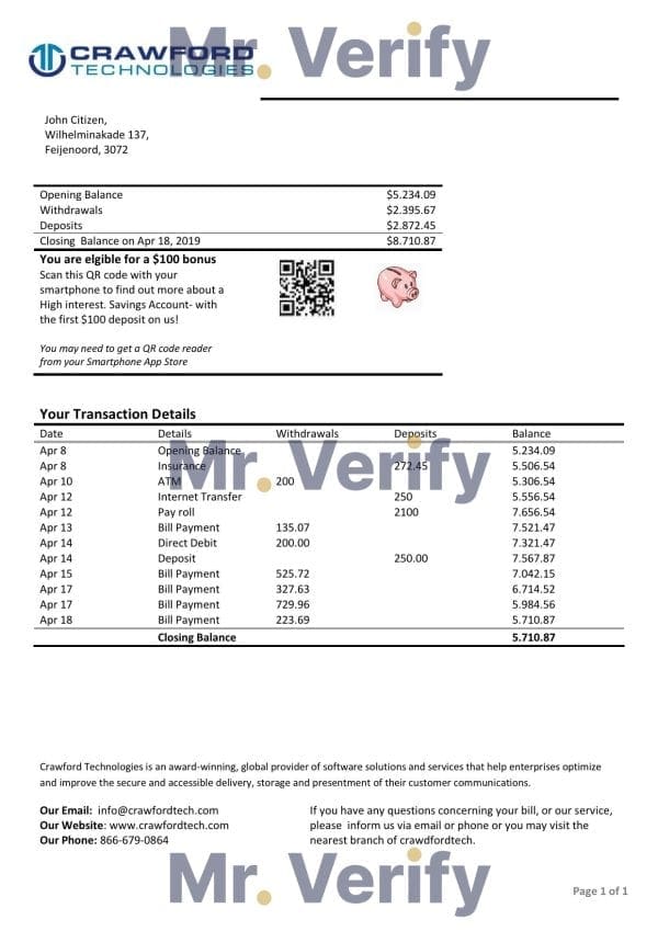 Netherlands (Holland) Crawford Technologies bank statement template in Word and PDF format