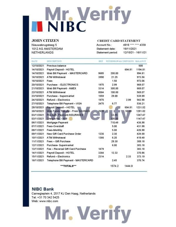 Netherlands NIBC Bank statement easy to fill template in .xls and .pdf file format