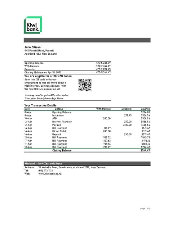 New Zealand Kiwibank bank statement Excel and PDF template