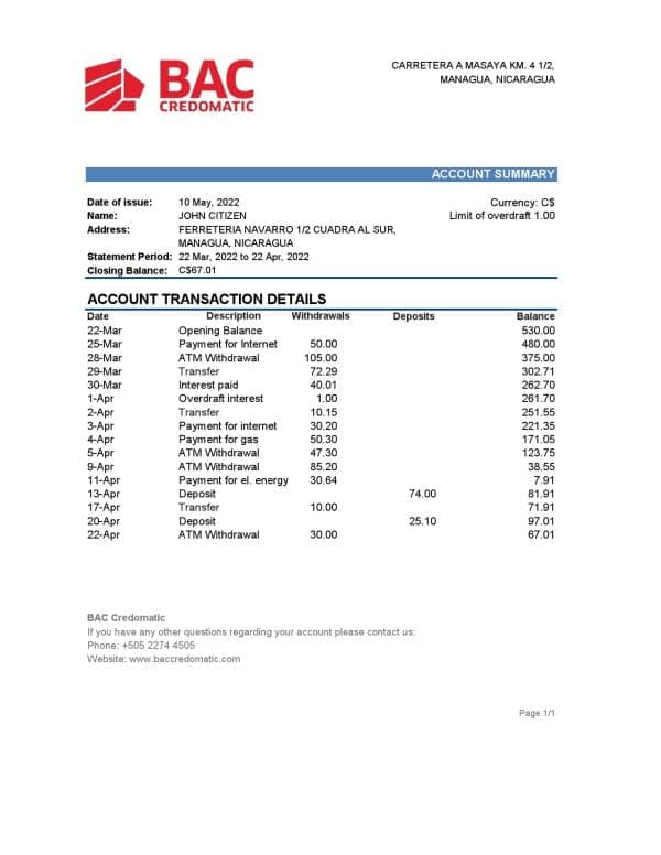 Nicaragua BAC Credomatic bank statement Excel and PDF template
