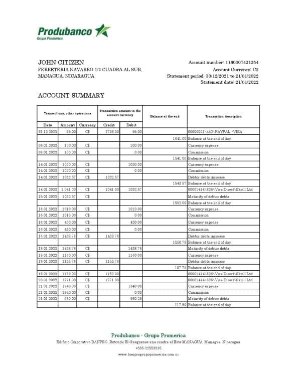 Nicaragua Banco de la Producción bank statement Excel and PDF template