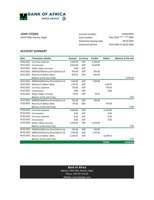 Niger Bank of Africa bank statement Excel and PDF template