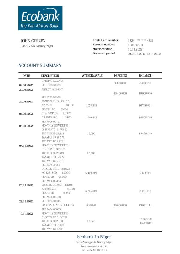 Niger Ecobank bank statement template in Word and PDF format