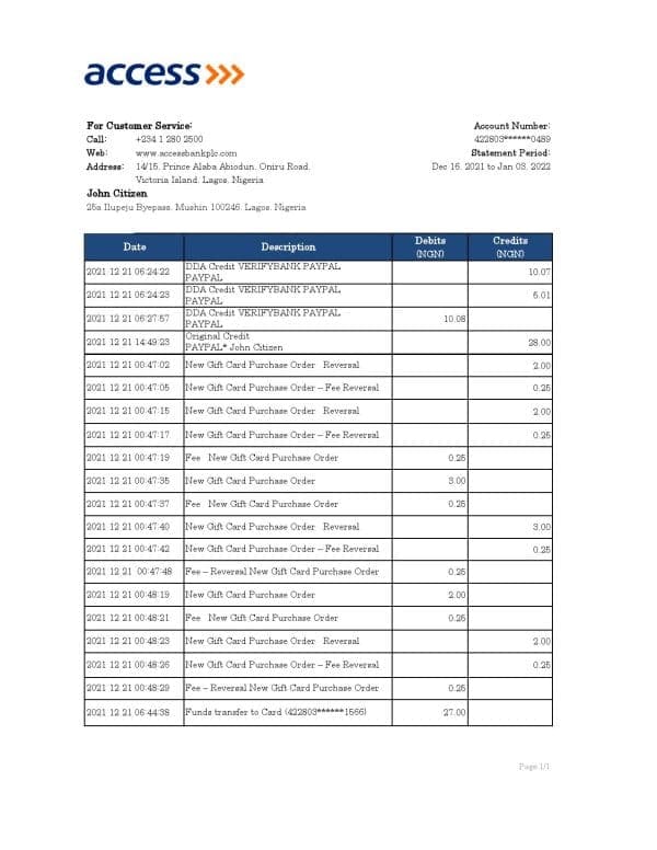 Nigeria Access bank statement Excel and PDF template