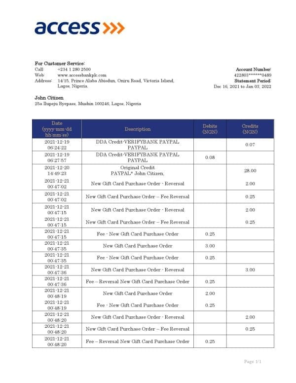 Nigeria Access bank statement template in Word and PDF format