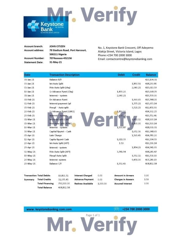 Nigeria Keystone Bank statement easy to fill template in .xls and .pdf file format