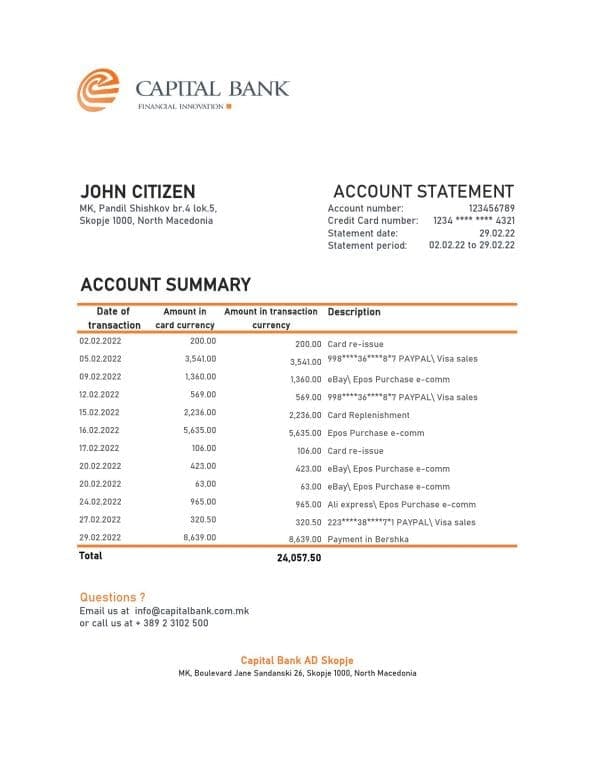 North Macedonia Capital Bank statement Excel and PDF template