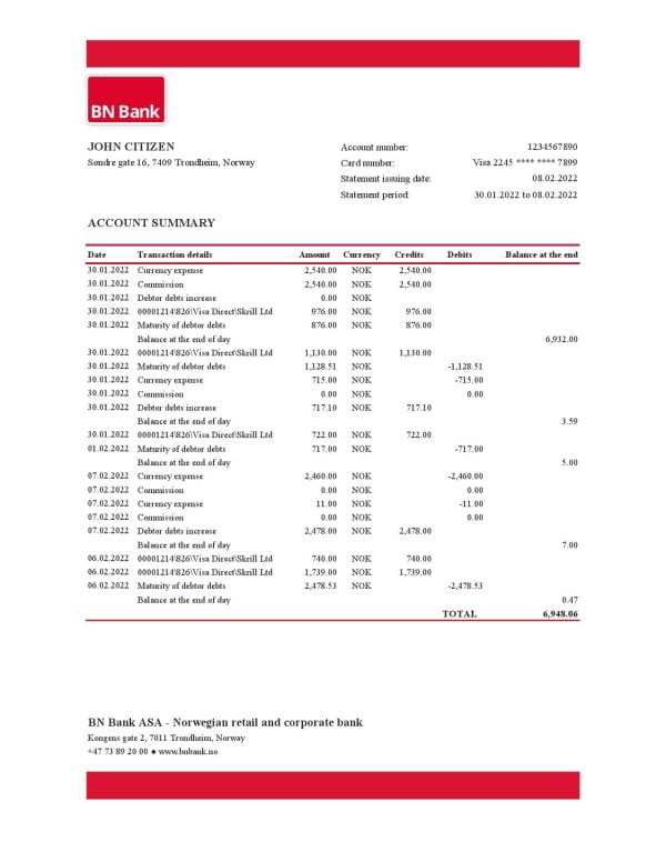 Norway BN Bank statement Excel and PDF template
