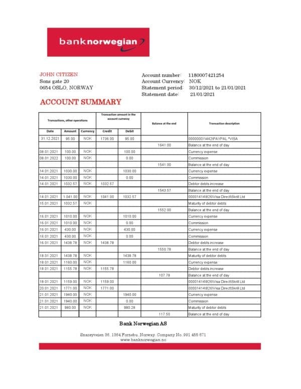 Norway Bank Norwegian AS bank statement easy to fill template in .xls and .pdf file format