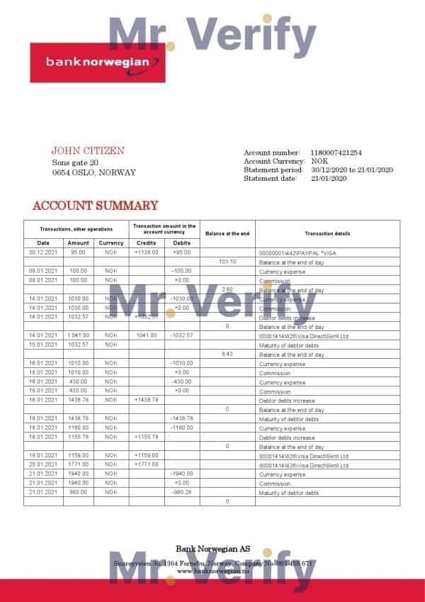 Norway Bank Norwegian AS bank statement easy to fill template in Word and PDF format