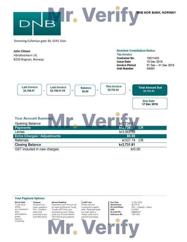 Norway DNB bank proof of address statement template in Word and PDF format