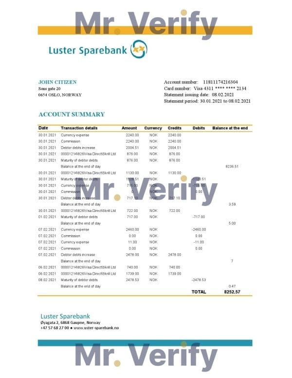 Norway Luster Sparebank bank statement easy to fill template in Excel and PDF format
