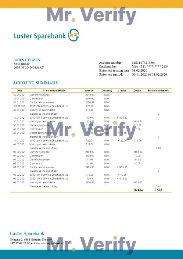 Norway Luster Sparebank bank statement easy to fill template in Word and PDF format