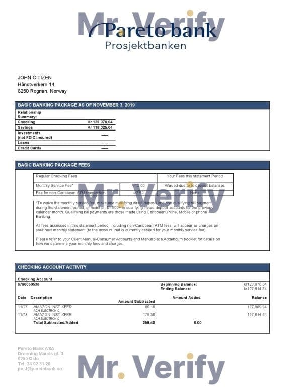 Norway Pareto Bank statement easy to fill template in Word and PDF format