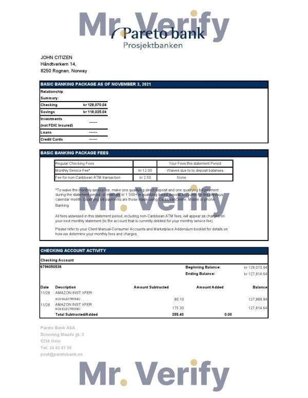 Norway Pareto bank statement easy to fill template in Excel and PDF format