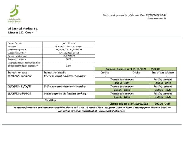 Oman Bank Dhofar bank statement template in Word and PDF format