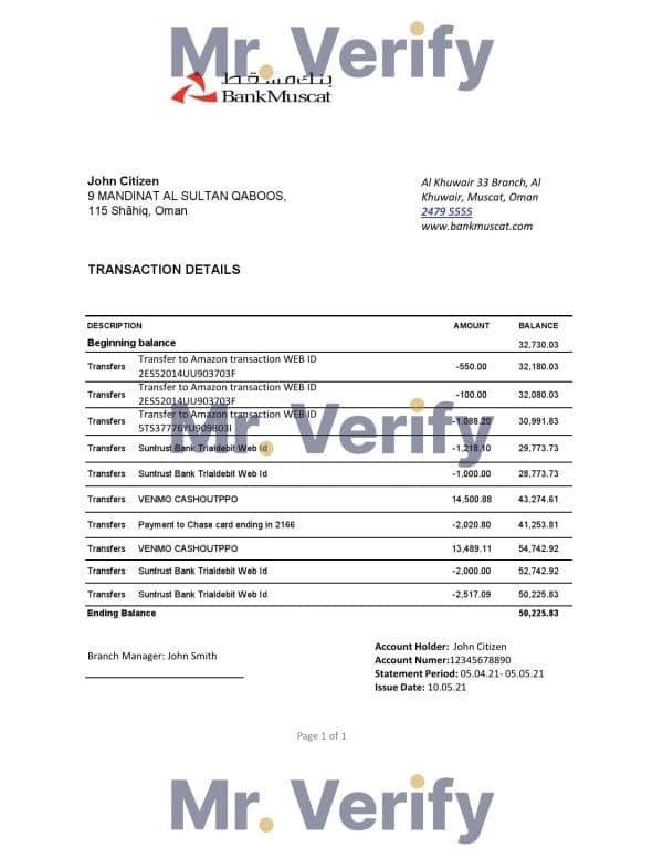 Oman Bank Muscat bank statement easy to fill template in .xls and .pdf file format
