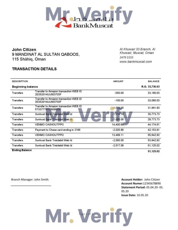 Oman Bank Muscat proof of address bank statement template in Word and PDF format (.doc and .pdf)