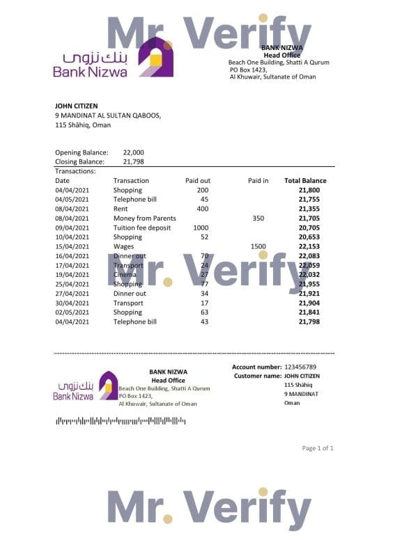 Oman Bank Nizwa bank statement easy to fill template in Excel and PDF format