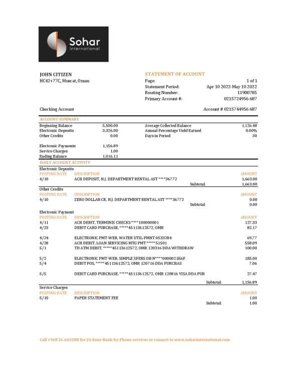 Oman Sohar International bank statement Excel and PDF template