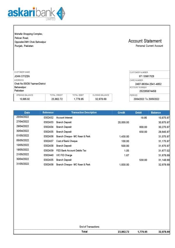 Pakistan Askaribank bank statement, Word and PDF template