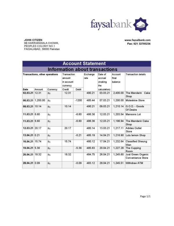 Pakistan Faysal Bank statement easy to fill template in .xls and .pdf file format