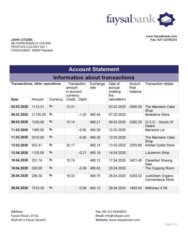 Pakistan Faysal bank statement template in Word and PDF format