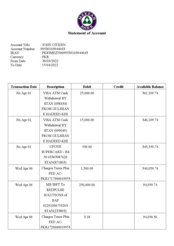 Pakistan Meezan bank statement Word and PDF template, 2 pages