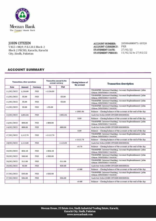 Pakistan Meezan bank statement template in Word and PDF format