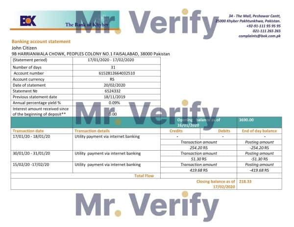 Pakistan The Bank of Khyber bank proof of address statement template in Word and PDF format, .doc and .pdf format