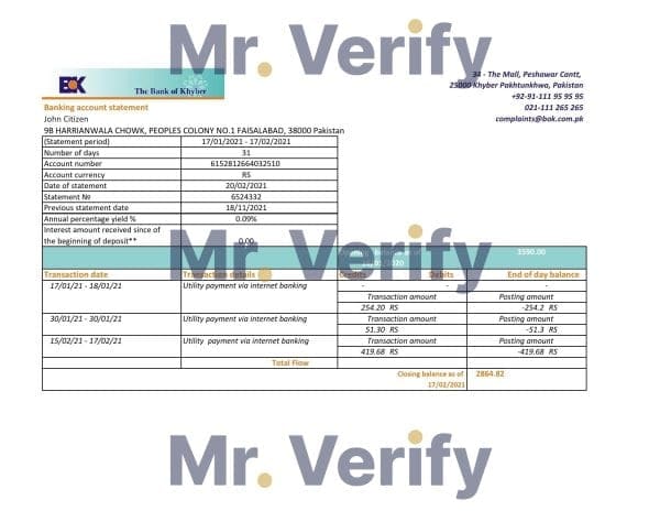 Pakistan The Bank of Khyber bank statement easy to fill template in Excel and PDF format