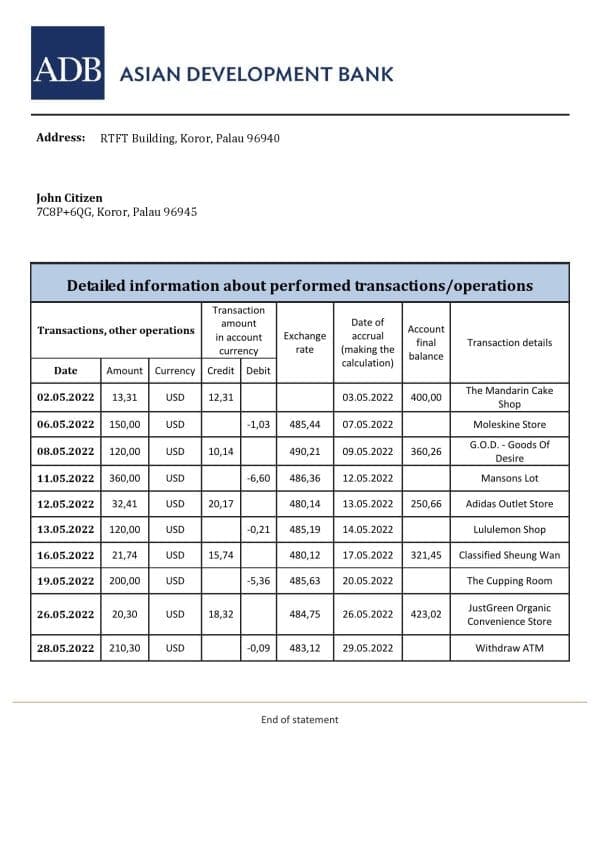 Palau ADB bank statement Excel and PDF template