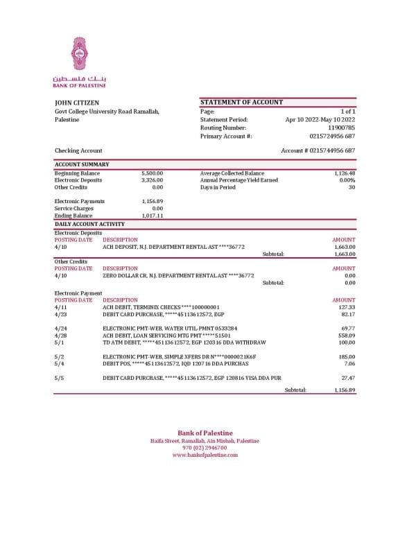 Palestine Bank of Palestine bank statement Excel and PDF template