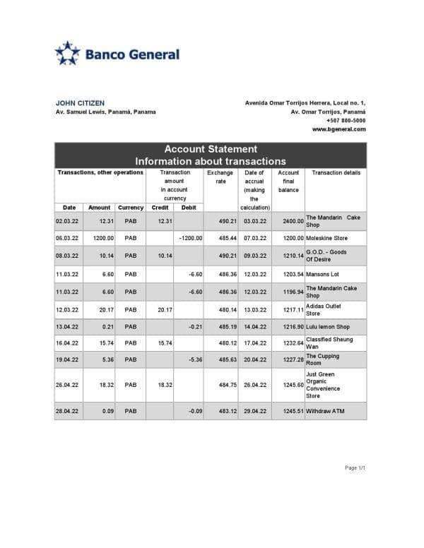 Panama Banco General bank statement Excel and PDF template